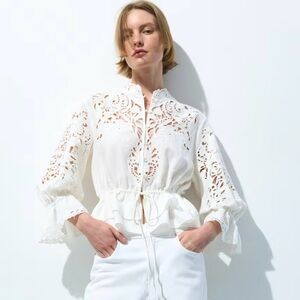 H&M LINEN-BLEND BLOUSE WITH EYELET EMBROIDERY